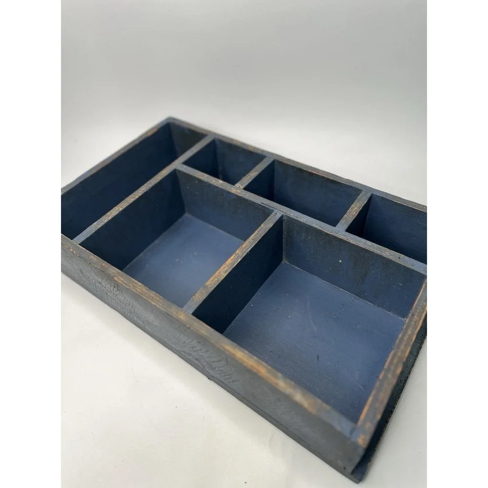 Rustic Wooden Desk Organizer Tray Distressed Navy Blue Wall Hanging Cottagecore